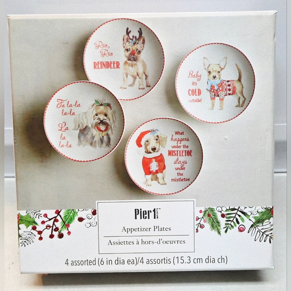 Christmas Reindeer Mistletoe Appetizer Plate Set of 4 Pier 1 Imports Boxed New